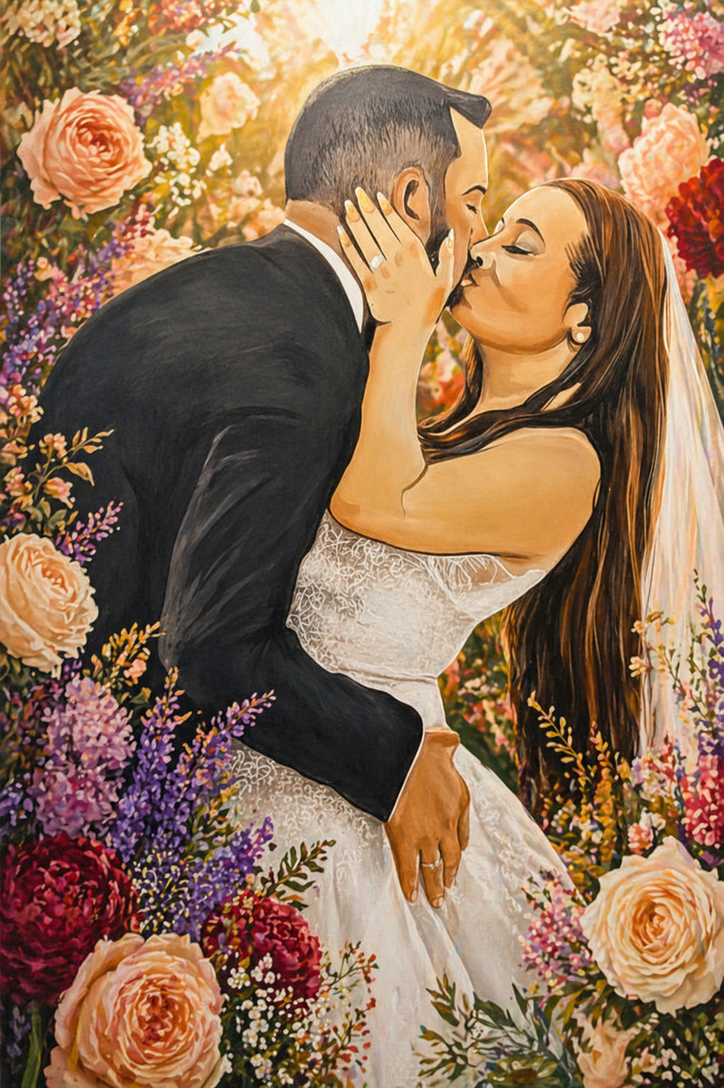 Live wedding painting of a couple kissing surrounded by floral details