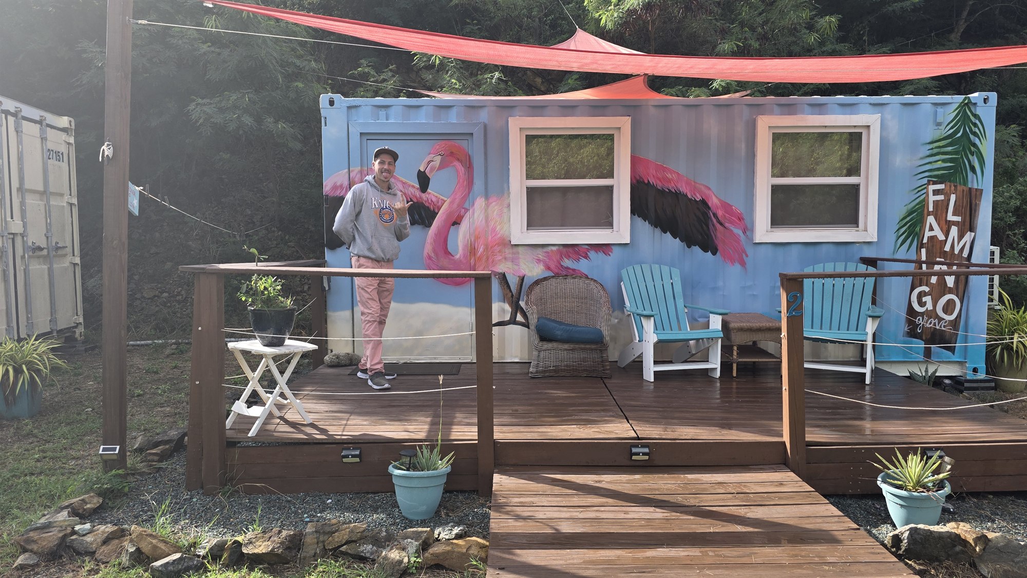 One of the Airbnb containers after mural completion at Lameshur Cottages and Campsites in St. John, U.S. Virgin Islands